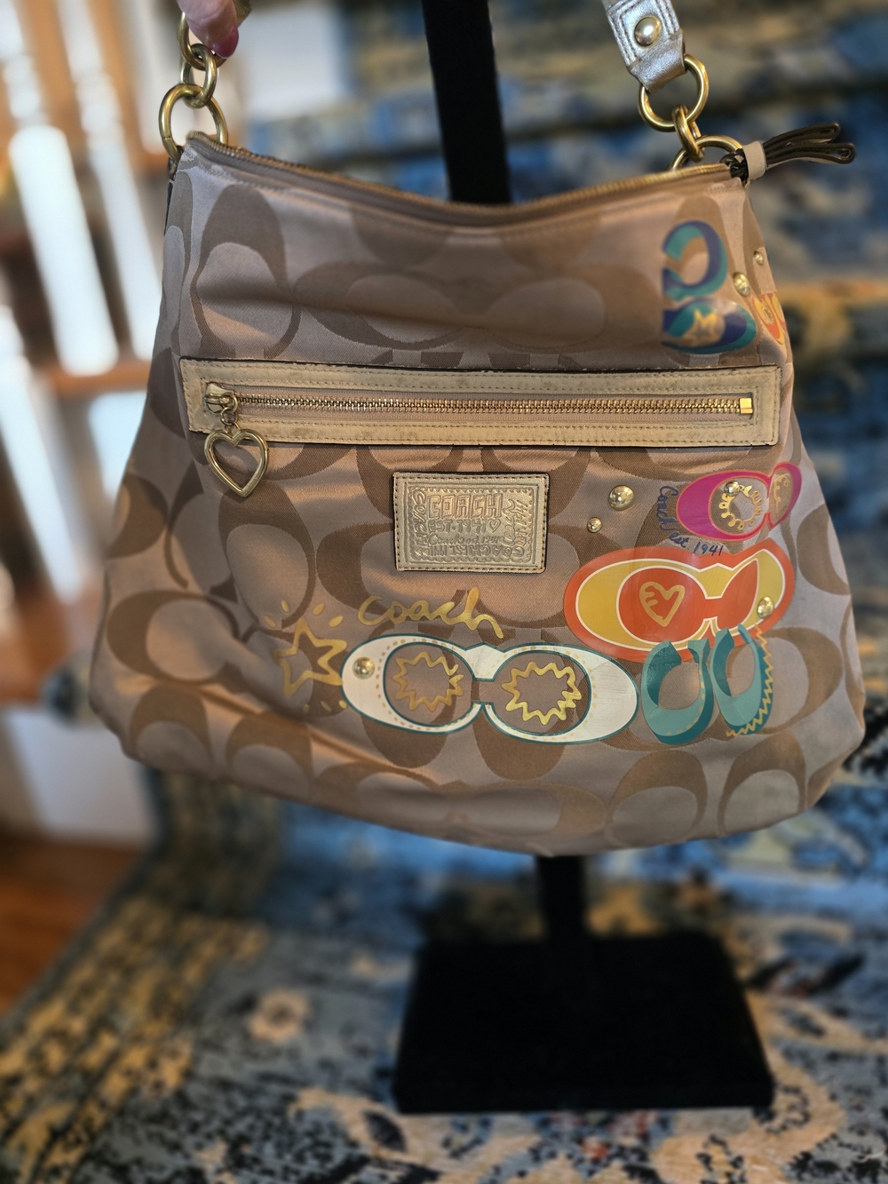Coach Poppy Signature Canvas Hobo Bag with Multicolor Graphic Accents - Taupe